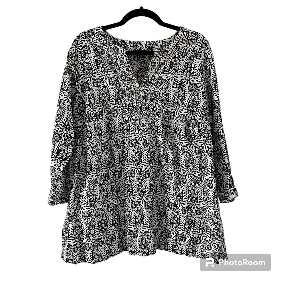 Talbots Black and White Paisley Printed Tunic Blouse Plus Sz 1X Loose Work Boho